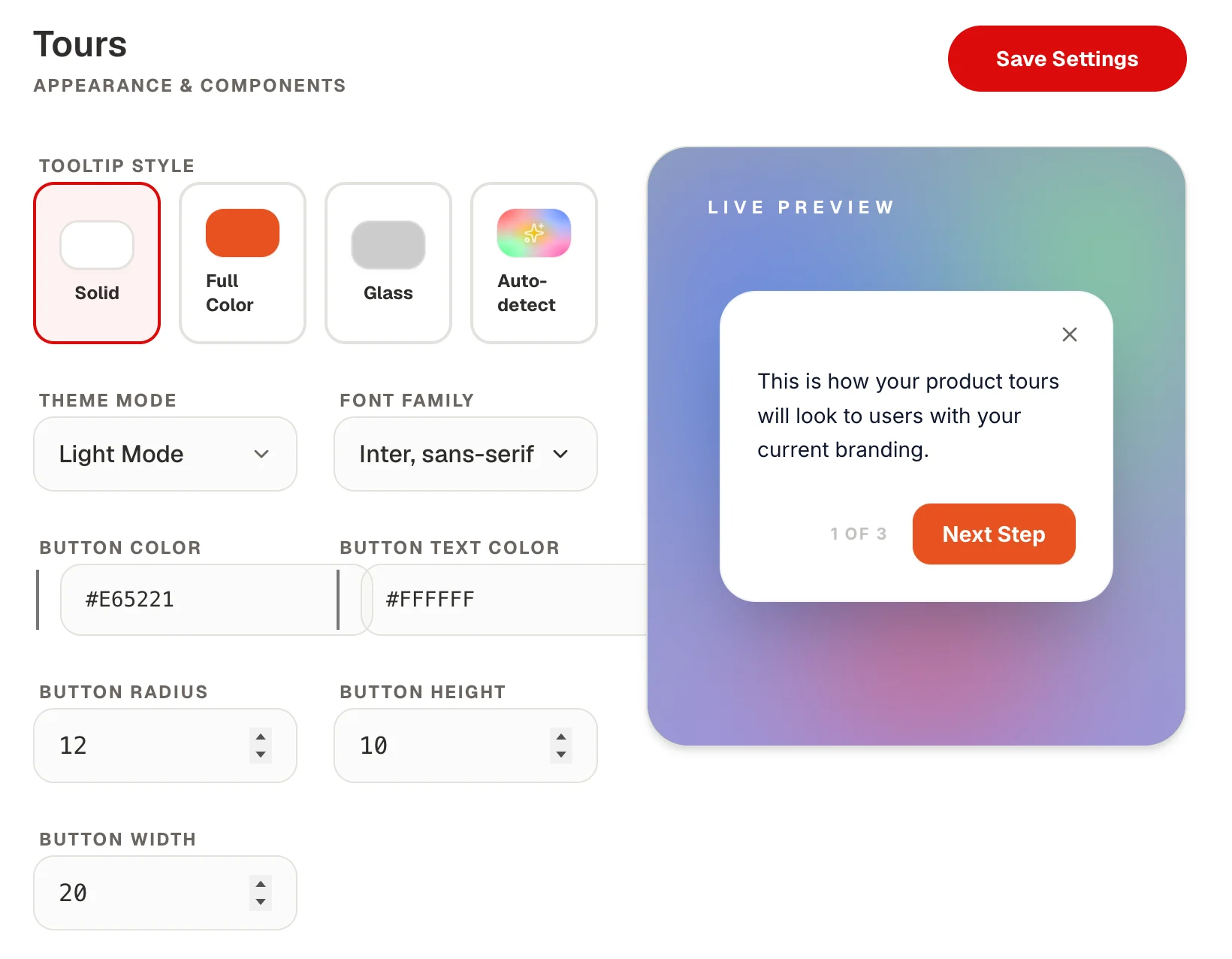 The GuideMark Tours settings: tooltip style (Solid, Full Color, Glass, Auto-detect), theme mode, font family, button colour, text colour, radius and size, with a live preview of the tooltip.