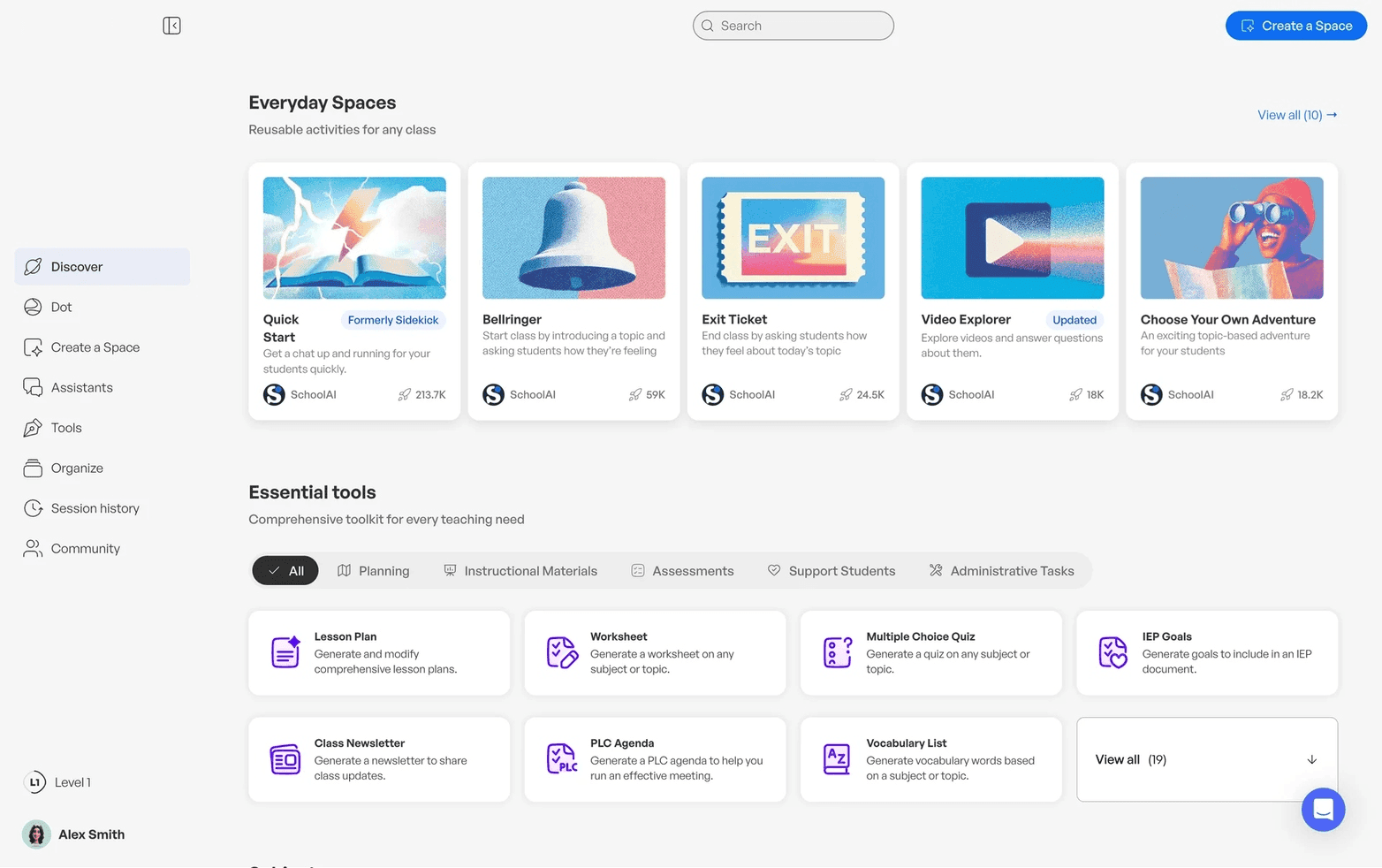 Captured dashboard, with the activity cards and tool grid.